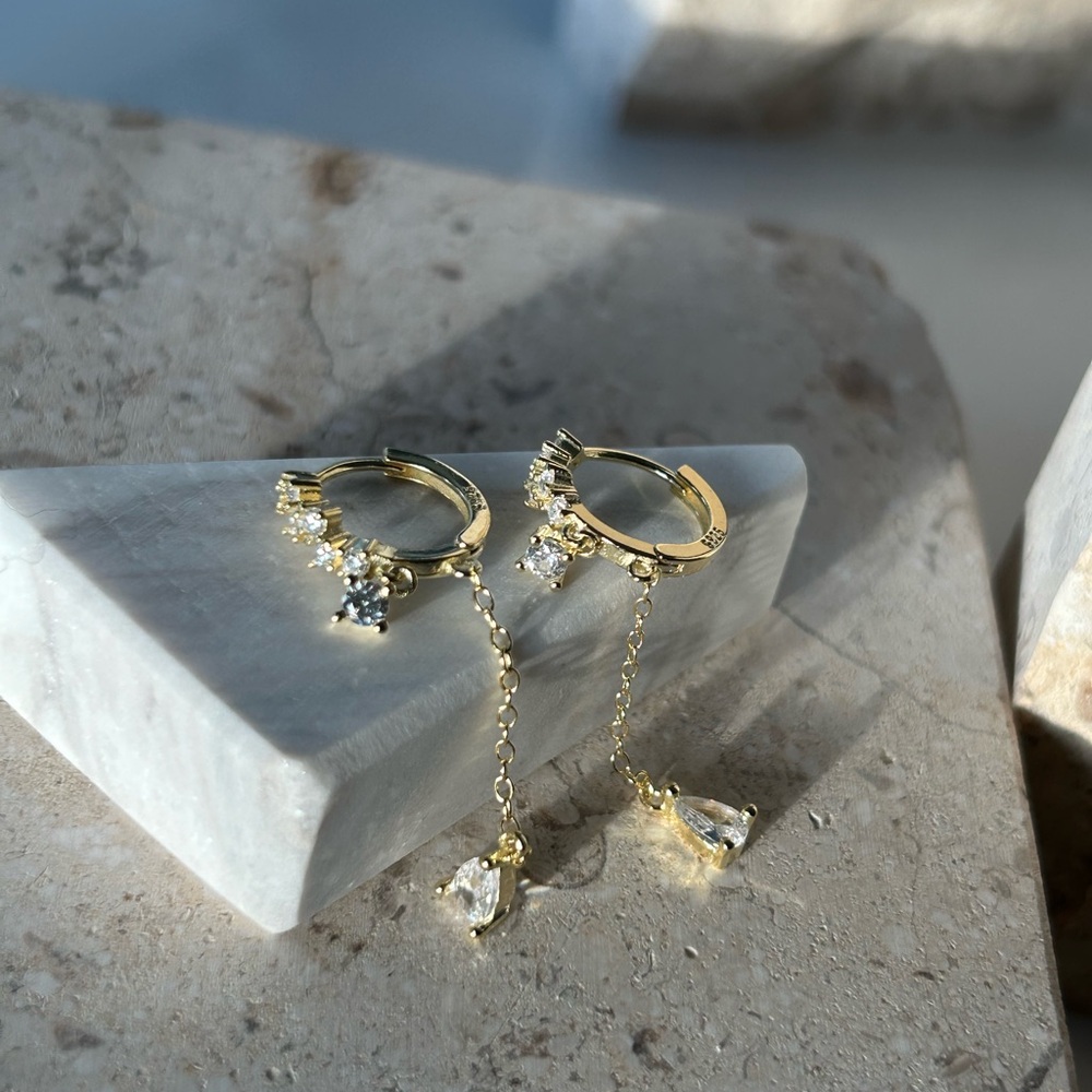 Drop Tassel Huggie Earrings + Crystal Accents in 18K Gold Plated Sterling Silver